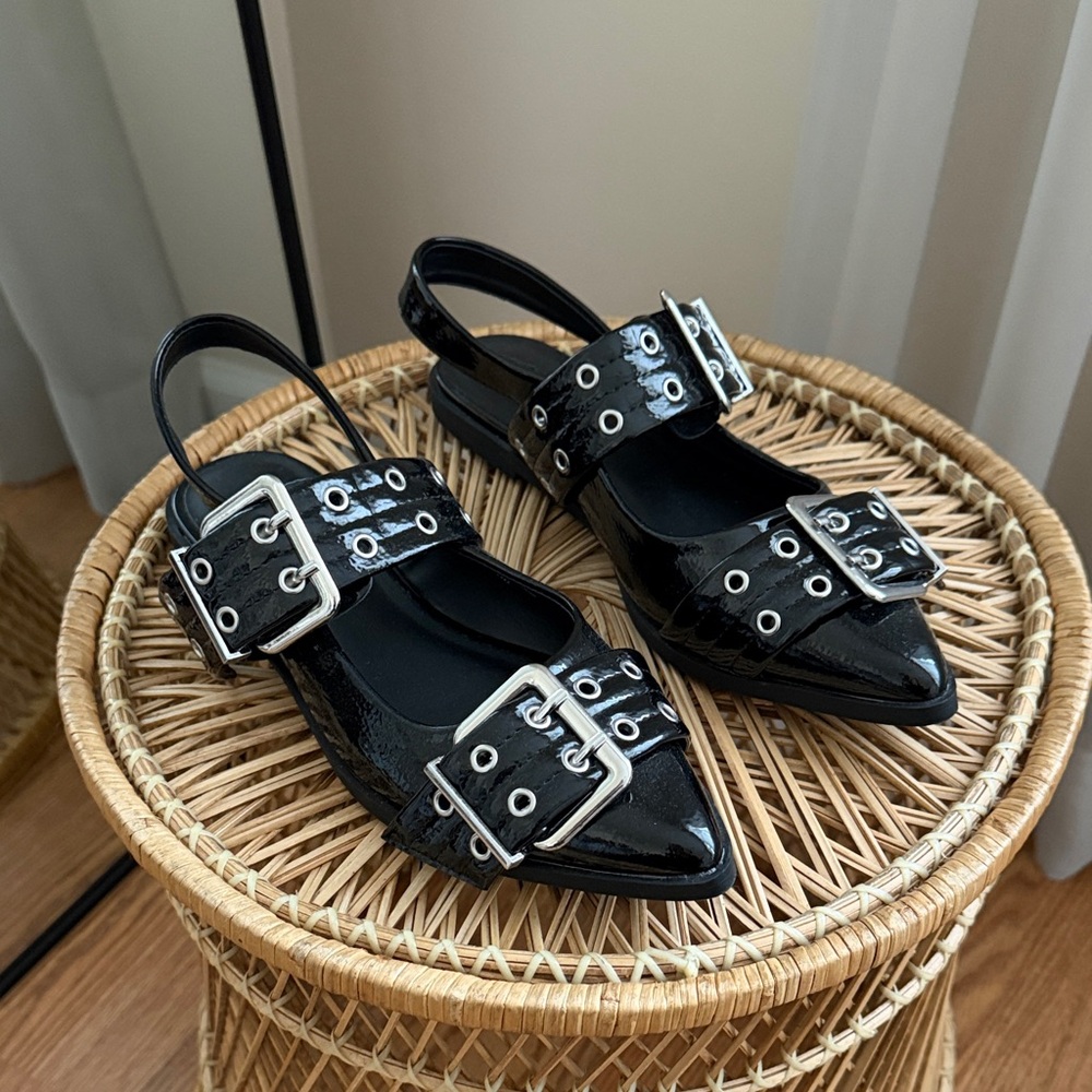 Madden Girl Vardan Black Patent Pointed Slingback Flats with Silver Buckles